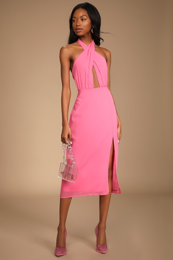 Bright Pink Midi Dress - Halter Dress ...